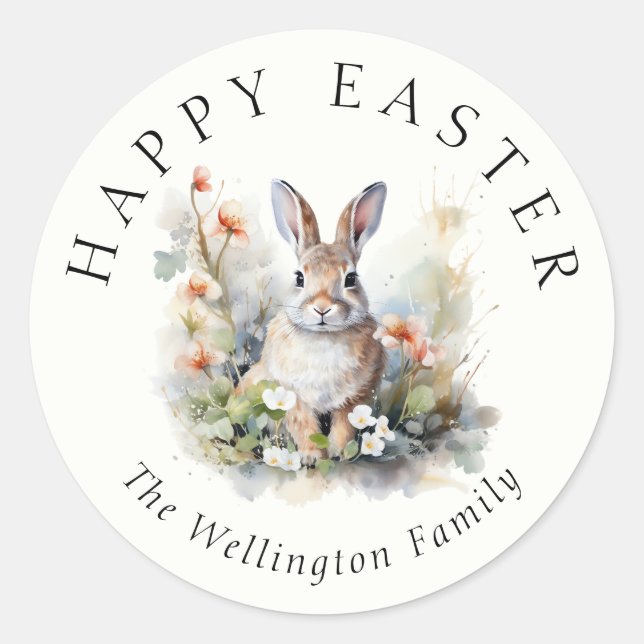 Happy Easter Modern Elegant Watercolor Bunny Classic Round Sticker (Front)
