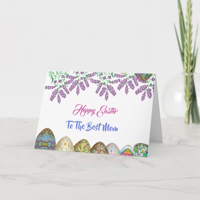 Happy Easter Mom Purple Lilac Floral Egg Custom  Holiday Card (Front)