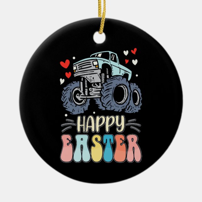 Happy Easter Monster Truck Bunny Rabbit Eggs Ceramic Ornament (Front)