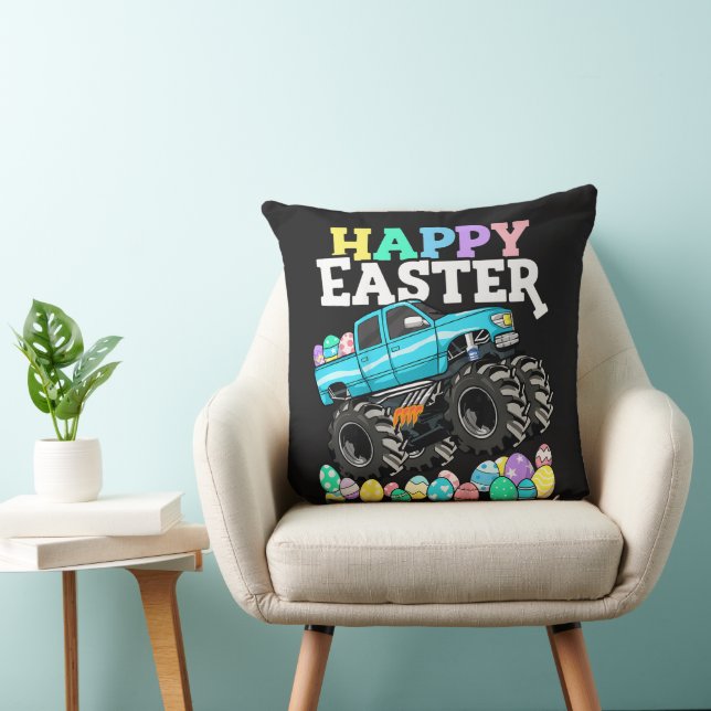 Happy Easter Monster Truck Easter Eggs Throw Pillow (Chair)