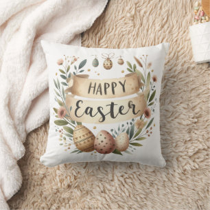 Happy Easter Neutral Rustic Throw Pillow