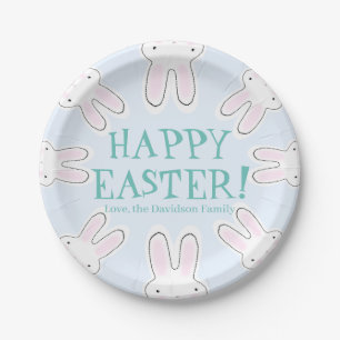 Happy Easter pale blue cute peeking bunnies funny Paper Plate
