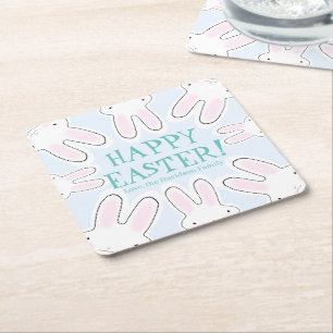 Happy Easter pale blue cute peeking bunnies funny Square Paper Coaster