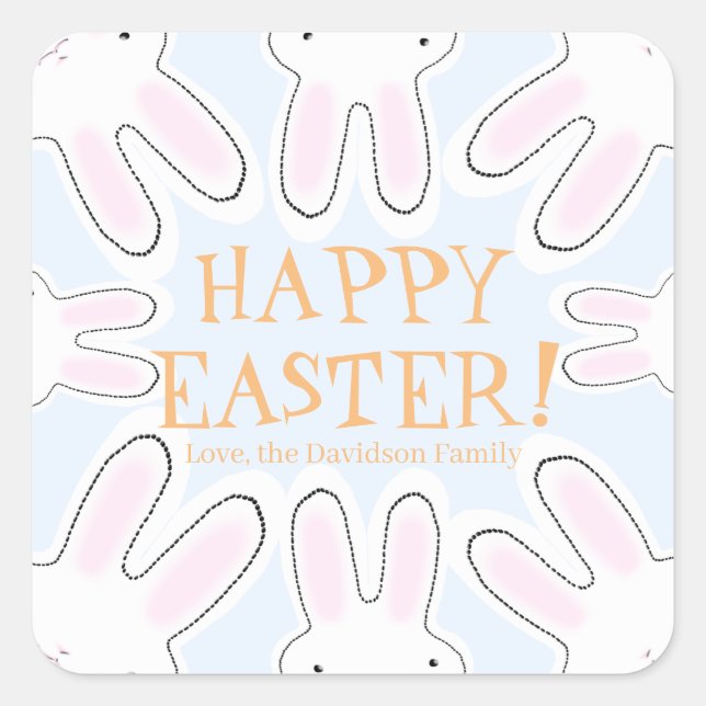 Happy Easter pale blue orange custom cute bunnies Square Sticker (Front)