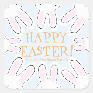 Happy Easter pale blue orange custom cute bunnies Square Sticker