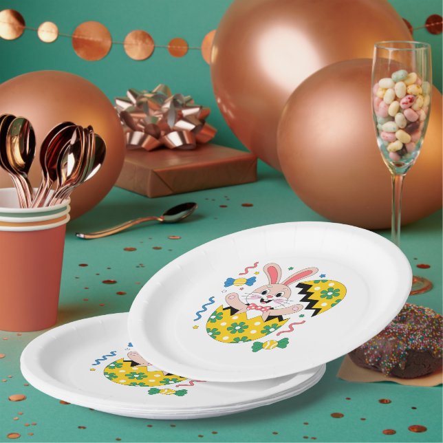 Happy Easter Party Bunny Popping Out of Egg  Paper Plate (Multi)