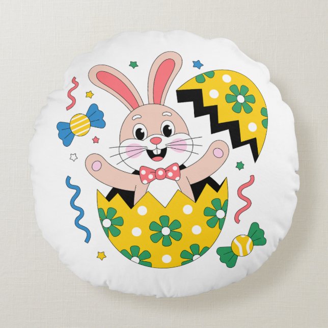 Happy Easter Party Bunny Popping Out of Egg  Round Pillow (Front)