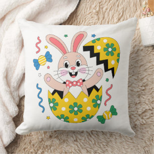 Happy Easter Party Bunny Popping Out of Egg  Throw Pillow