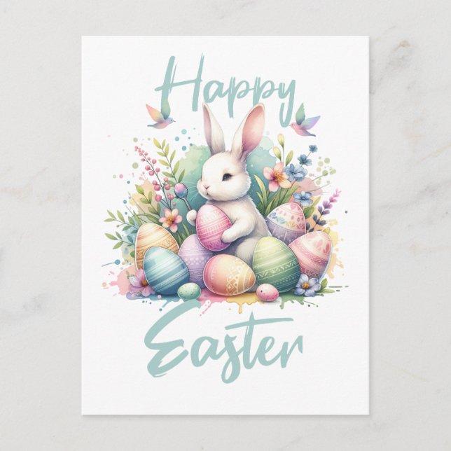 Happy Easter pastel Easter Bunny Egg watercolor Holiday Postcard (Front)