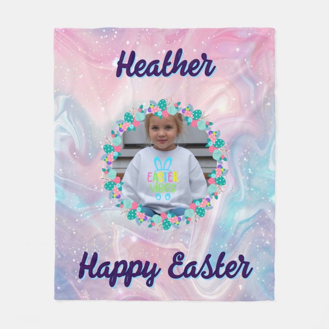 Happy Easter Pastel Floral Custom Kid Photo Name Fleece Blanket (Front)