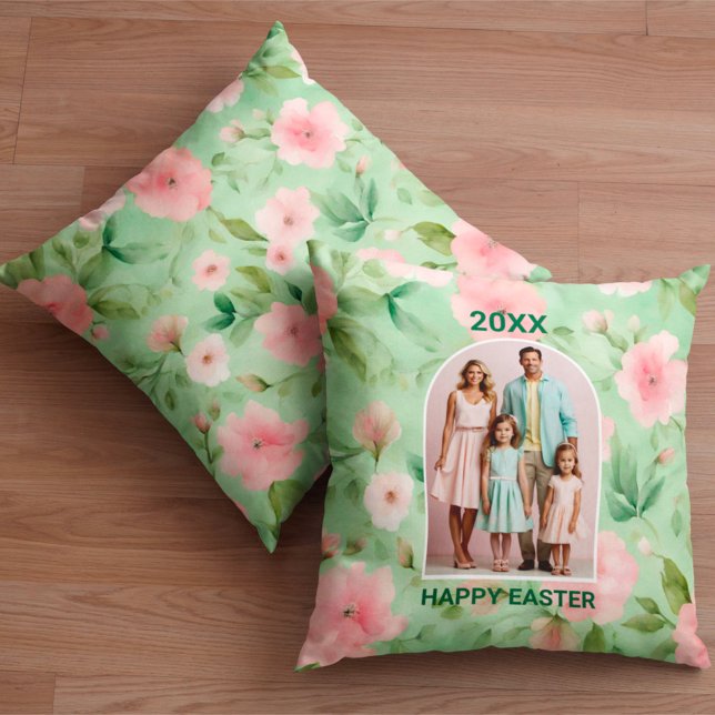 Happy Easter Pastel Pink & Green Floral Photo Throw Pillow (Creator Uploaded)
