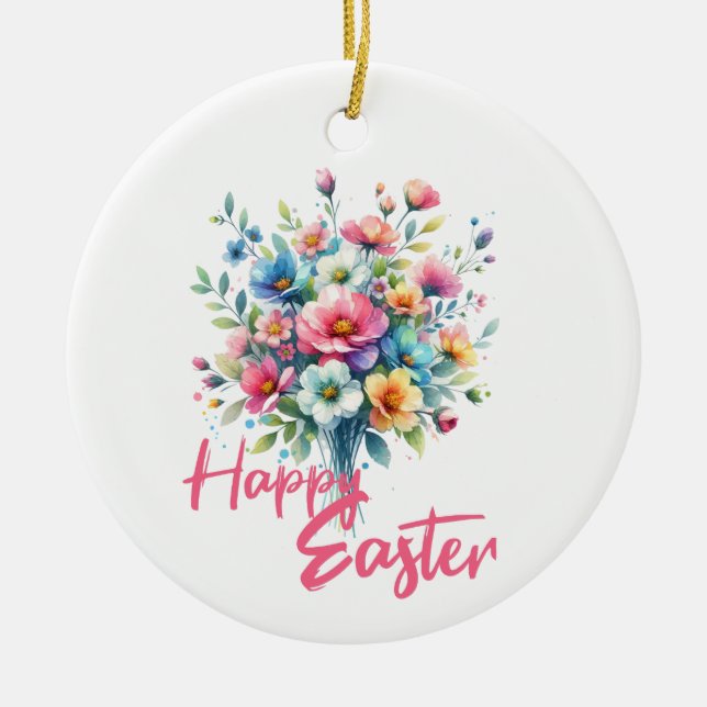 Happy Easter pastel pink spring flower bouquet  Ceramic Ornament (Front)