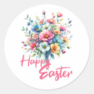 Happy Easter pastel pink spring flower bouquet  Classic Round Sticker