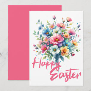 Happy Easter pastel pink spring flower bouquet  Holiday Card
