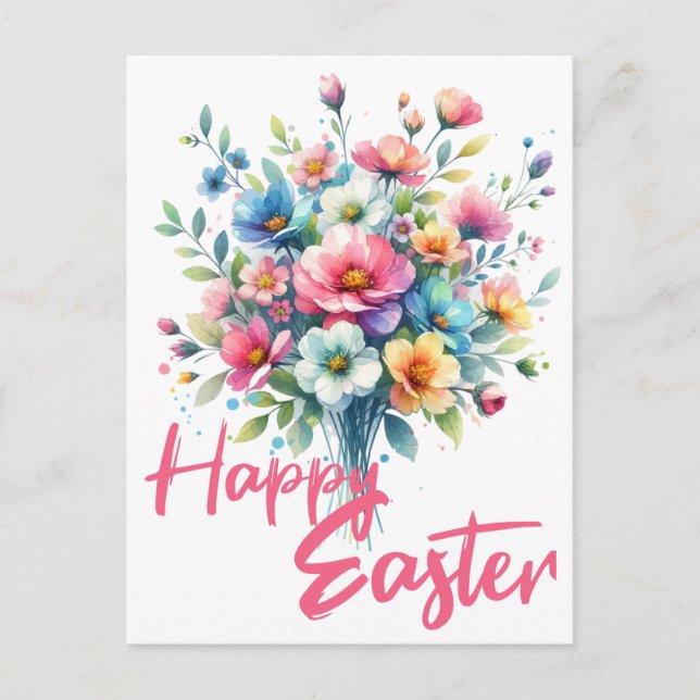 Happy Easter pastel pink spring flower bouquet  Holiday Postcard (Front)
