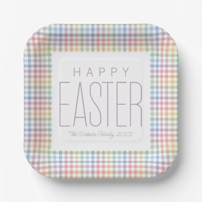 Happy Easter pastel plaid customizable spring Paper Plate (Front)
