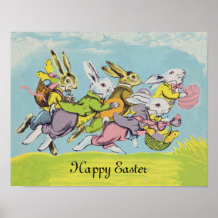 Happy Easter Pastel Running Rabbits Poster