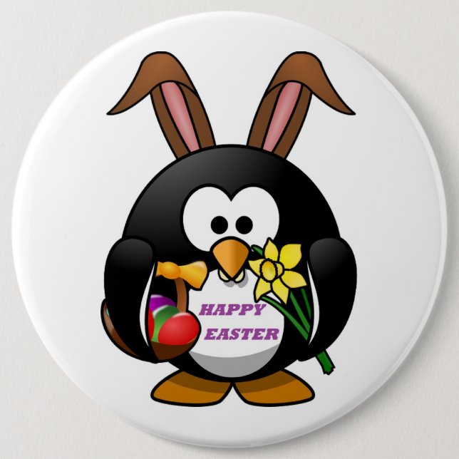 "HAPPY EASTER" PENGUIN BUNNY 6 INCH ROUND BUTTON (Front)