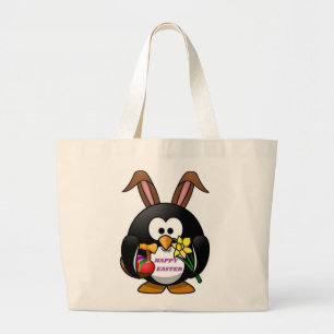 "HAPPY EASTER" PENGUIN BUNNY LARGE TOTE BAG