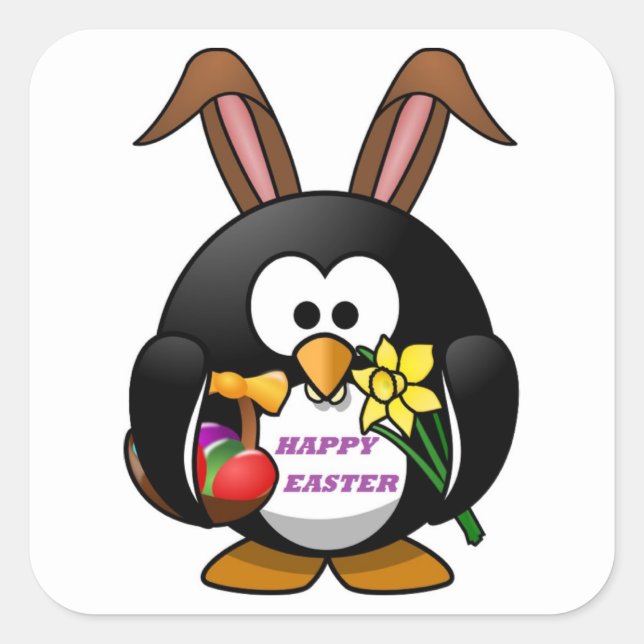 "HAPPY EASTER" PENGUIN BUNNY SQUARE STICKER (Front)