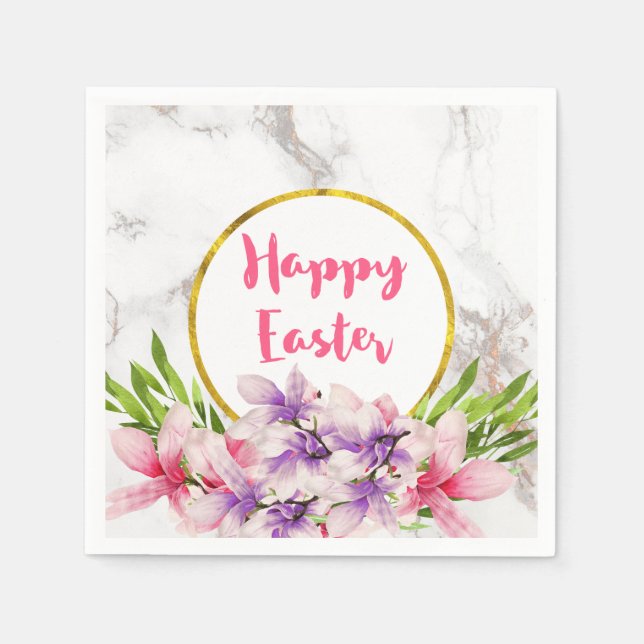 Happy Easter  Pink and Purple Watercolor Magnolias Napkin (Front)