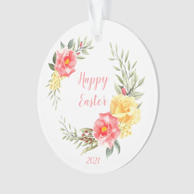 Happy Easter Pink and Yellow Roses Ornament (Front)