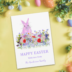 Happy Easter Pink Bunny and Wildflowers Holiday Card