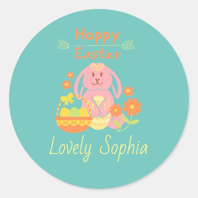 Happy Easter Pink Bunny Classic Round Sticker (Front)