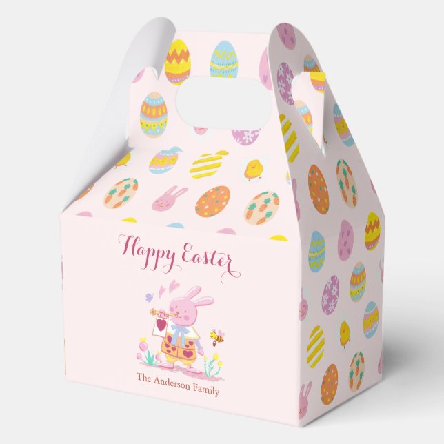 Happy Easter Pink Bunny Garden Egg Hunting Name Favor Box (Front)