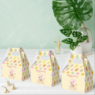 Happy Easter Pink Bunny Garden Egg Pattern Yellow Favor Box