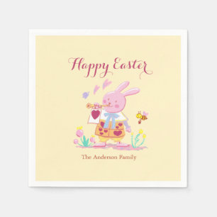 Happy Easter Pink Bunny in Garden Baby Yellow Napkin