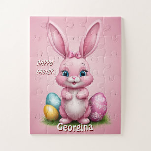 Happy Easter Pink Easter Bunny Personalized Jigsaw Puzzle