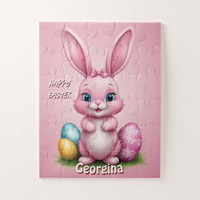 Happy Easter Pink Easter Bunny Personalized  Jigsaw Puzzle (Vertical)
