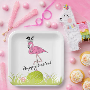 Happy Easter Pink Flamingo Bunny Ears and Eggs  Paper Plate