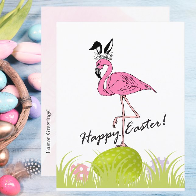 Happy Easter Pink Flamingo Bunny Ears and Eggs Postcard (Creator Uploaded)