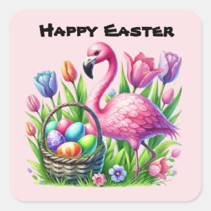 Happy Easter pink flamingo Holiday Square Sticker