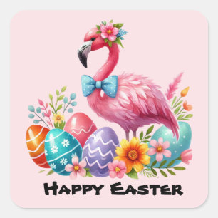 Happy Easter pink flamingo Holiday Square Sticker