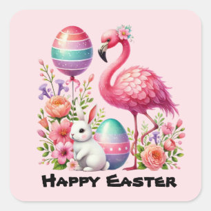 Happy Easter pink flamingo Holiday  Square Sticker