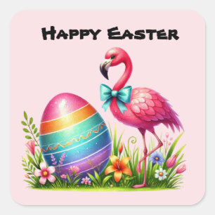 Happy Easter pink flamingo Holiday Square Sticker