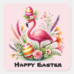 Happy Easter pink flamingo Holiday Square Sticker