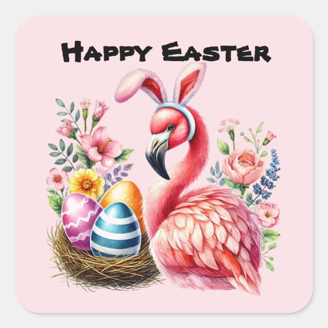 Happy Easter pink flamingo Holiday  Square Sticker (Front)