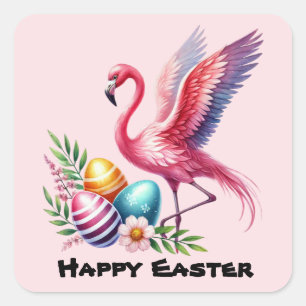 Happy Easter pink flamingo Holiday  Square Sticker