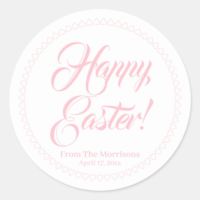 Happy Easter pink hearts border custom script Classic Round Sticker (Front)