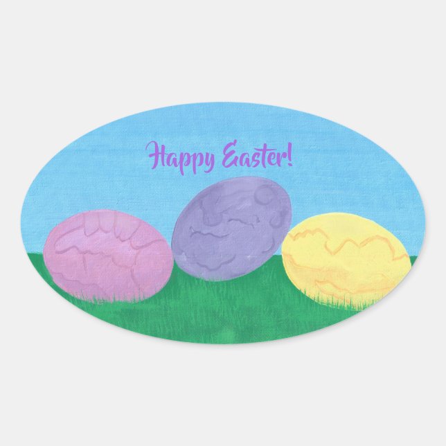 Happy Easter Pink Purple Yellow Eggs in Grass Oval Sticker (Front)