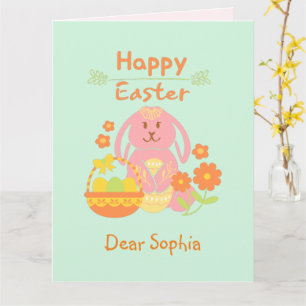 Happy Easter Pink Rabbit and Flowers   Card