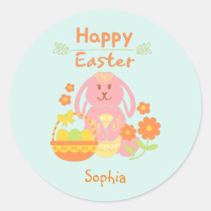Happy Easter Pink Rabbit and Flowers Classic Roun Round Sticker