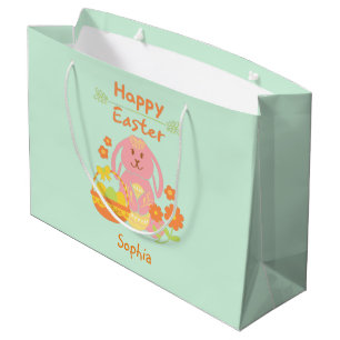 Happy Easter Pink Rabbit and Flowers Large Gift Ba Bag