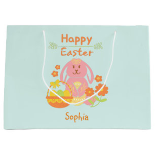 Happy Easter Pink Rabbit and Flowers   Large Gift Bag