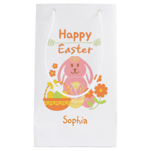 Happy Easter Pink Rabbit and Flowers Small Gift Bag