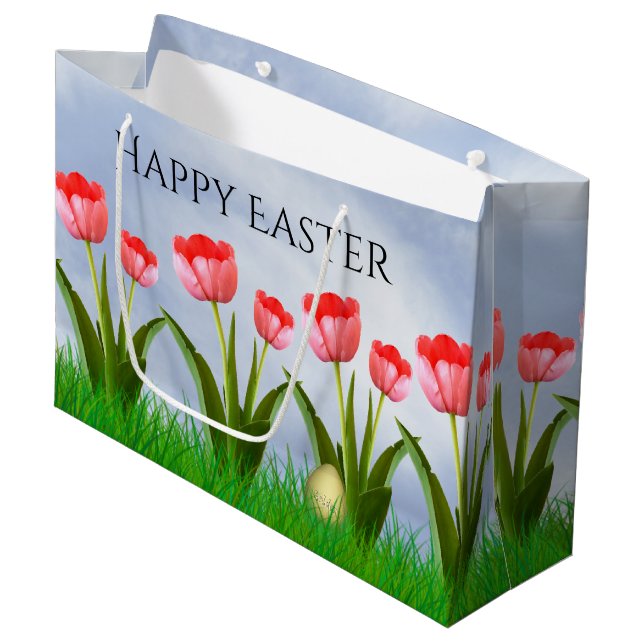 Happy Easter: Pink Tulips Floral Photography Egg Large Gift Bag (Front Angled)